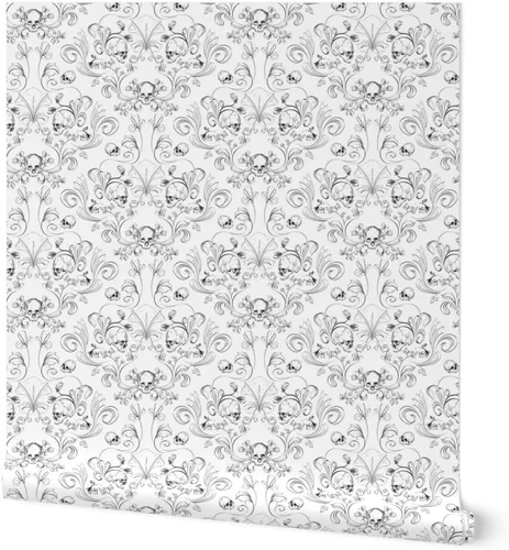 Spoonflower Papel tapiz para despegar y pegar, diseño textil de damasco de calavera, tela artística de Halloween, papel tapiz extraíble personalizado