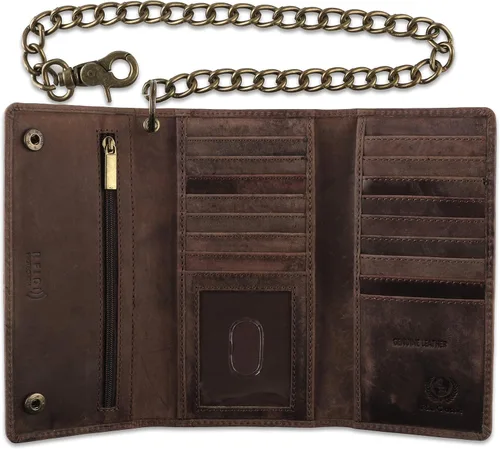 Miniatura 7 de FL CLASSIC Cartera de cadena de acero de cuero vacuno con bloqueo RFID para hombre Marrón antiguo Cartera RFID