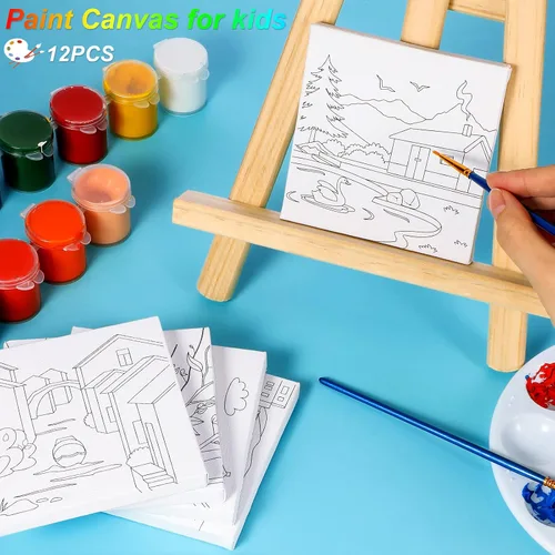 Miniatura 4 de 12 piezas de arte en lienzo de contorno predibujado de 4 x 4 pulgadas, tablas de pintura de lienzo estirado para el primer y último día de escuela