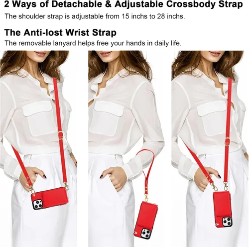 Miniatura 2 de KIHUWEY Funda tipo cartera cruzada para iPhone 15 Pro Max, funda con bolsillo con cremallera y soporte para tarjetas, funda protectora de piel Rojo