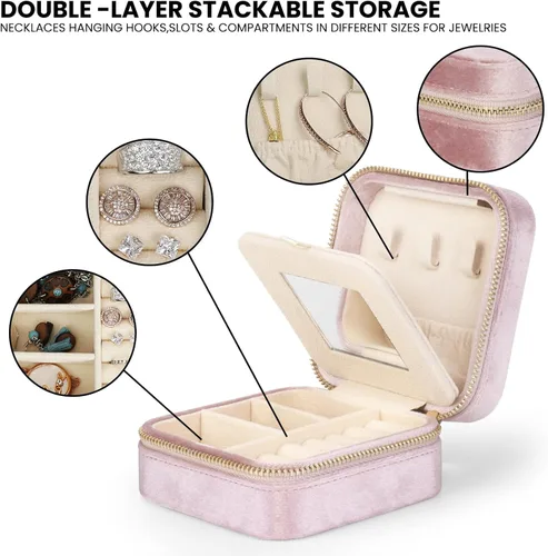 Miniatura 3 de SoleGood Joyero pequeño de terciopelo de felpa, organizador de almacenamiento de collares, anillos, mini joyero, organizador de viaje para mujeres