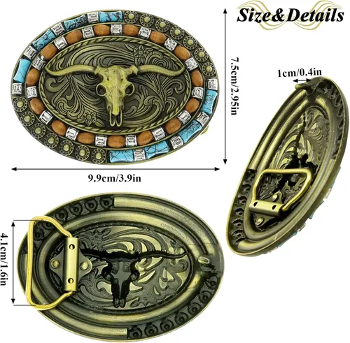 Miniatura 24 de RechicGu Hebilla de cinturón ovalada de calavera de toro de cuerno largo, cuentas de madera turquesa nativa americana, hebillas de vaquero