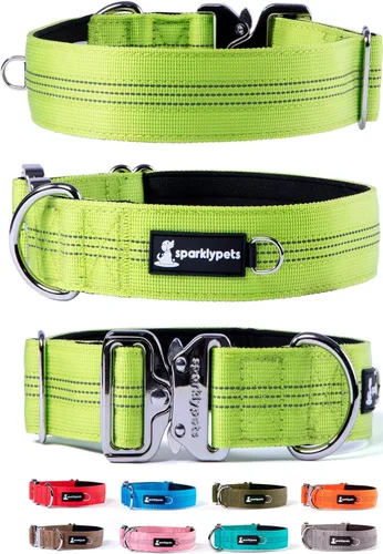 Miniatura 13 de SparklyPets Collar de perro ancho de servicio pesado con hebilla cromada de liberación rápida, collar táctico grueso para perro con rayas Azul