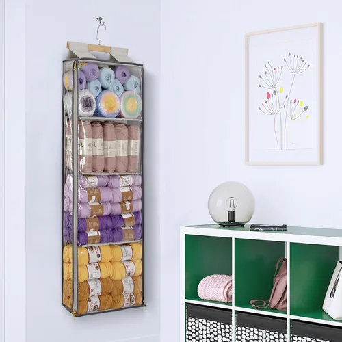Miniatura 7 de Almacenamiento de hilo colgante con 4 bolsillos grandes, organizador de tejido transparente con cremalleras para los amantes del ganchillo, soporte