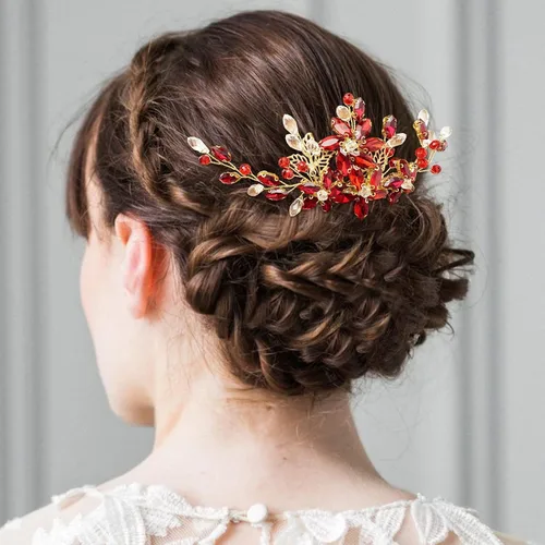 Pieza de pelo de novia de cristal rojo con peine de flores de vid dorada, accesorios para el cabello para bodas, mujeres y niñas (dorado, rojo)