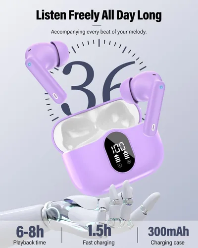 Miniatura 7 de Auriculares inalámbricos, Bluetooth 5.4, estéreo de bajos, auriculares con micrófono con cancelación de ruido, pantalla LED en el oído, llamadas
