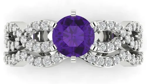 Clara Pucci Anillo de compromiso con halo de corte redondo de 1.55 quilates con forma de halo pavé y vástago dividido con acento natural de amatista