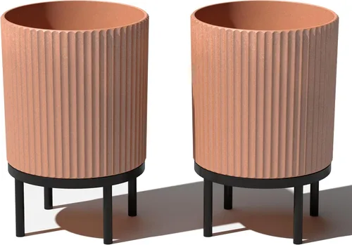 Miniatura 17 de Veradek Demi Series - Maceta redonda con soporte para porche o patio, compuesto de piedra de plástico duradero y soporte de madera, decoración