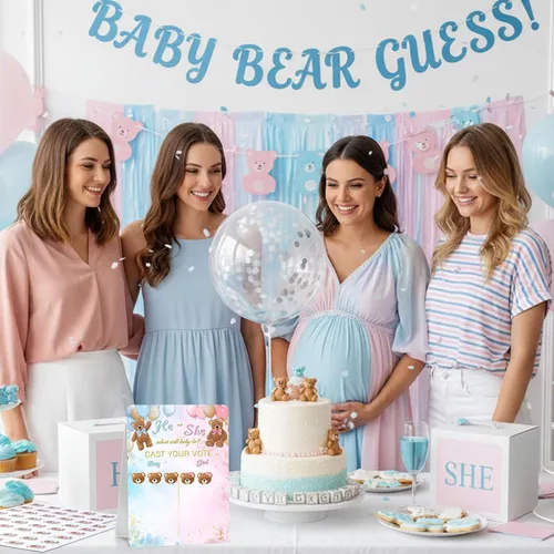 Miniatura 8 de Poen Tablero de Juego de Revelación de Género de Oso con Soporte, 60 Calcomanías de Oso Él o Ella, Emite Tu Voto Suministros de Fiesta de Baby