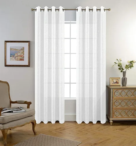 Miniatura 2 de Miuco - Cortinas con ojales de lino sintético, semitransparentes, bordadas con flores, para sala de estar Blanco puro