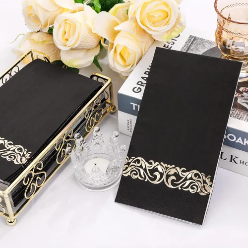 Miniatura 7 de WDF 100 unidades de servilletas negras y doradas desechables - 3 capas, servilletas negras con borde dorado, servilletas desechables de papel
