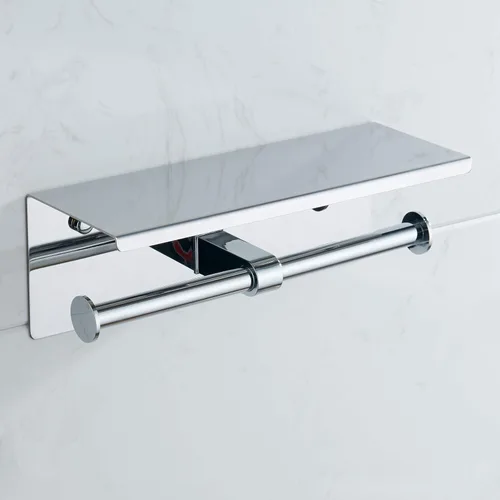 Miniatura 2 de BGL Portarrollos de papel higiénico de acero inoxidable con estante montado en la pared para baño (plateado, doble cabeza)