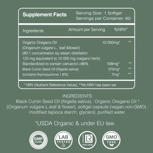 Miniatura 9 de Cápsulas blandas de aceite de orégano y semillas negras – Carvacrol natural y poten puro aceite de semilla negra – 7 mg de timoquinona – Orgánico