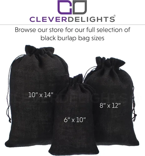 Miniatura 4 de CleverDelights Bolsas de arpillera negras de 10" x 14" - Paquete de 5 sacos de yute con cordón de arpillera