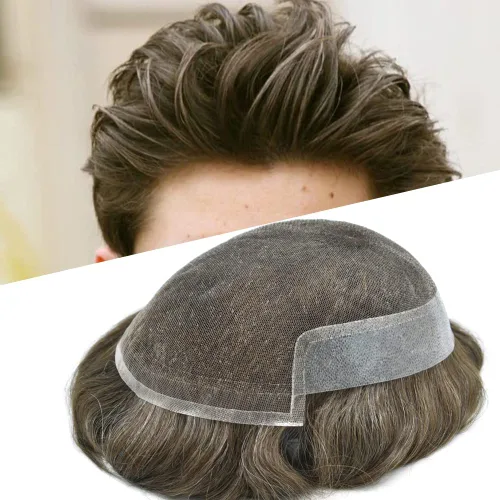 Miniatura 45 de LYRICAL HAIR Sistema de cabello humano con encaje frontal francés para hombres, tupé de piel de polietileno para hombres, línea capilar natural