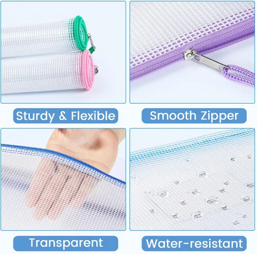 Miniatura 4 de Sooez Paquete de 32 bolsas de malla con cremallera, tamaño A4, bolsas con cremallera con bolsillo para etiquetas, bolsas impermeables