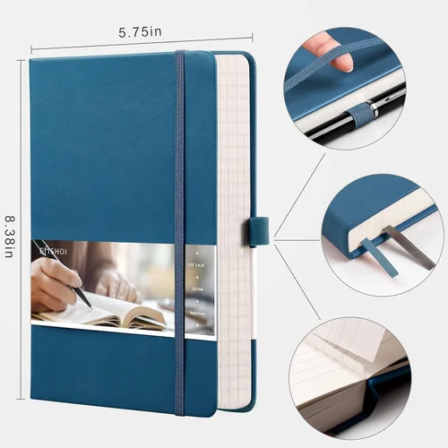 Miniatura 5 de EMSHOI - Cuaderno rayado para la universidad, 256 páginas numeradas tamaño A5, papel grueso de 3.54 oz/y², 16 páginas perforadas, tapa dura de piel