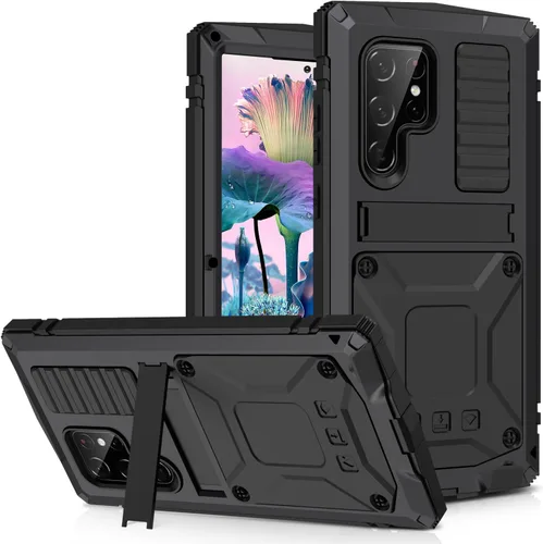 Simicoo Funda de silicona compatible con Samsung S23 Ultra Metal Bumper con soporte protector de pantalla integrado Gorilla Glass híbrido militar a