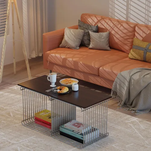 Miniatura 5 de Mesa auxiliar cuadrada de geometría retro, mesa auxiliar de metal lineal de acero inoxidable, estante de escritorio multiusos de hierro (plateado)