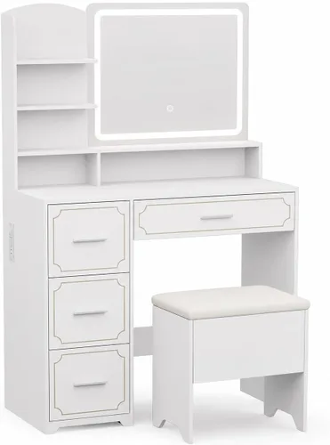 Makeup Vanity Desk with Lighted Mirror and Power Outlet, Vanity Table Set with Stool, 5 Open Shelves and 4 Drawers, White Dressing Table with