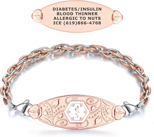 Miniatura 8 de Divoti Pulseras de alerta médica para mujer, pulsera de identificación médica de filigrana de oro rosa PVD grabada personalizada, con malla
