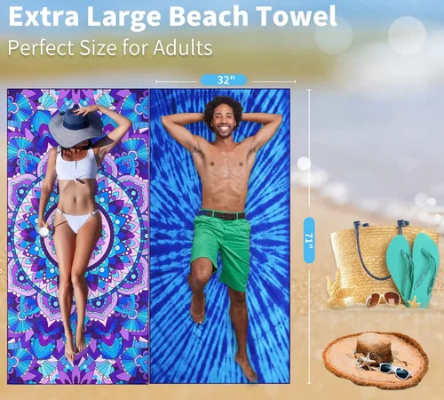 Miniatura 73 de Paquete de 2 toallas de playa ligeras y delgadas de gran tamaño de 71 x 32 pulgadas, toallas grandes de microfibra extra grandes sin arena