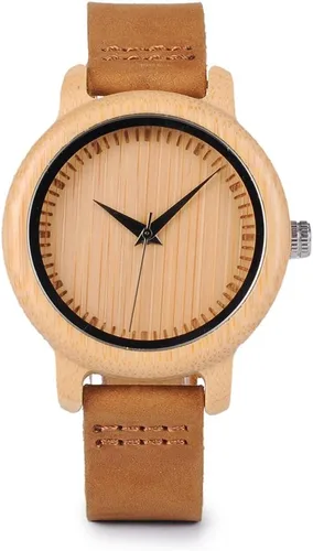 Miniatura 9 de BOBO BIRD Reloj de madera de bambú para hombre y mujer con correa de cuero de vaca marrón, relojes casuales de cuarzo analógico