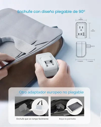 Miniatura 2 de VINTAR - Paquete de 1 adaptador de enchufe de viaje europeo, enchufe de alimentación internacional plegable con 2 salidas de CA, 3 puertos USB