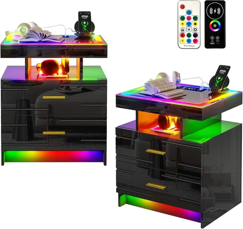 Miniatura 14 de WOOVIVS Juego de 2 mesitas de noche con estación de carga USB/tipo C/inalámbrica, mesitas de noche blancas con luces LED RGB automáticas, juego de 2