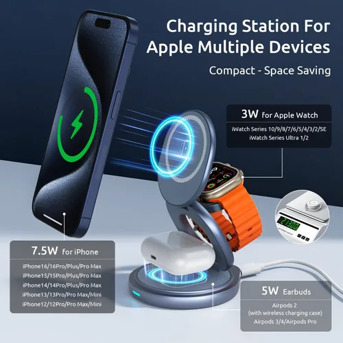 Miniatura 3 de Estación de carga inalámbrica 3 en 1 para Apple, cargador de viaje para múltiples dispositivos, aleación de aluminio plegable, cargador magnético