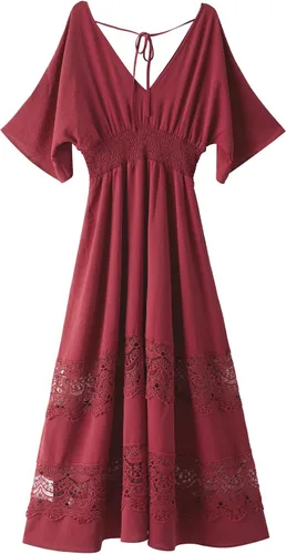 Miniatura 64 de Vestido largo de encaje para mujer de manga corta y cuello en V, vestido de fiesta estilo bohemio con cintura fruncida, vestido bohemio para mujer