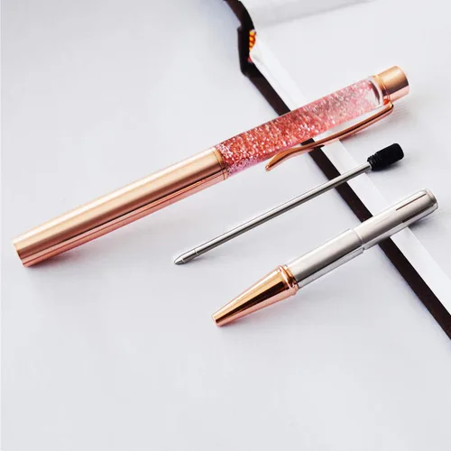 Miniatura 4 de ZZTX 3 bolígrafos de oro rosa, bolígrafo de metal brillante dinámico de arena líquida con repuestos, tinta negra, suministros de oficina, bolígrafos