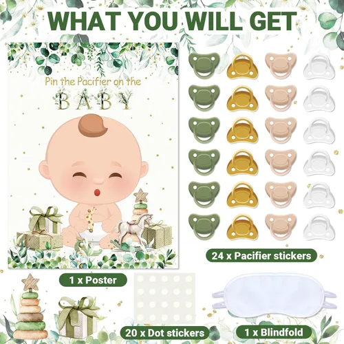 Miniatura 3 de Faccito Juego pon el chupón del baby shower Decoraciones para fiesta de baby shower Incluye póster grande 24 pegatinas de chupetes Juego con vendas
