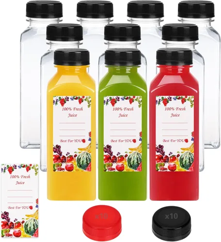 Miniatura 10 de SUPERLELE 10 botellas de plástico para jugo de 12 onzas con 10 tapas negras y 10 tapas azules, recipientes de jugo reutilizables con tapas