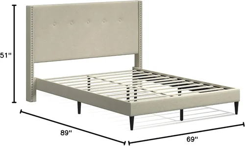 Miniatura 2 de Glenwillow Home MCM - Marco de cama con plataforma tapizada, botón con ribete de cabeza de clavo, respaldo de ala, base de colchón, no necesita Beige