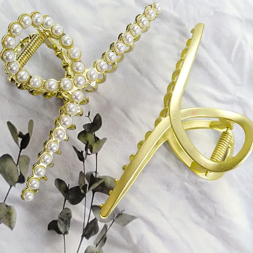 Miniatura 5 de Pinzas de metal grandes para el cabello para mujeres con perlas de 4.3 pulgadas, pinzas antideslizantes para el cabello grueso roscado, pinzas
