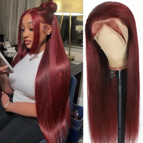 Miniatura 29 de ULRICA 99J - Pelucas de encaje frontal burdeos de 20 pulgadas, pelucas de cabello humano para mujeres negras 13x4, encaje HD burdeos, peluca de Rojo