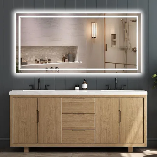 Miniatura 8 de Espejo de baño LED sin marco de 24 x 32 pulgadas, frontal y retroiluminado, vidrio templado inastillable, antivaho, 3 colores, regulable, memoria
