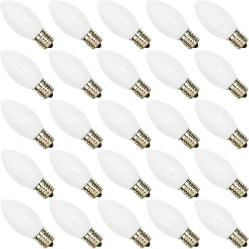 Miniatura 25 de Paquete de 25 bombillas LED transparentes C7, bombillas de repuesto de Navidad con base de candelabro E12, bombillas blancas cálidas inastillables