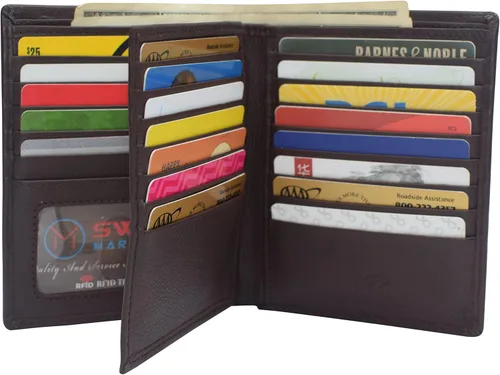 Miniatura 3 de Marshal Billetera de piel auténtica con bloqueo RFID para hombres ranuras para tarjetas, 2 compartimentos para billetes, ventanas de identificación