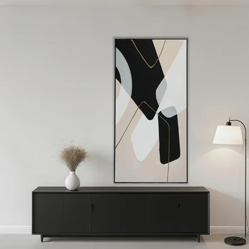 Miniatura 2 de Decoración de Arte de Pared Abstracto Enmarcado, Negro y Blanco Hecho a Mano Tamaño Grande 29"x58", Cuadros para Sala Elegantes y Modernos