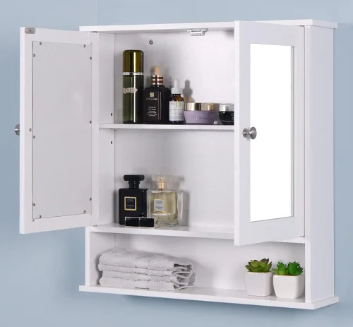 Miniatura 3 de Botiquín de baño montado en la pared con puertas de espejo dobles, Armario de baño colgante de madera con puertas y estantes, gabinete de espejo