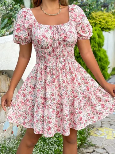 Miniatura 5 de Floerns Vestido bohemio de manga corta abombada con cuello cuadrado y lazo frontal para mujer