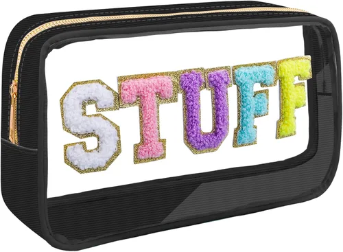 Preppy Patch STUFF - Bolsa de maquillaje con letras de chenilla para mujeres, bolsa de PVC transparente con cremallera, bolsa de parches