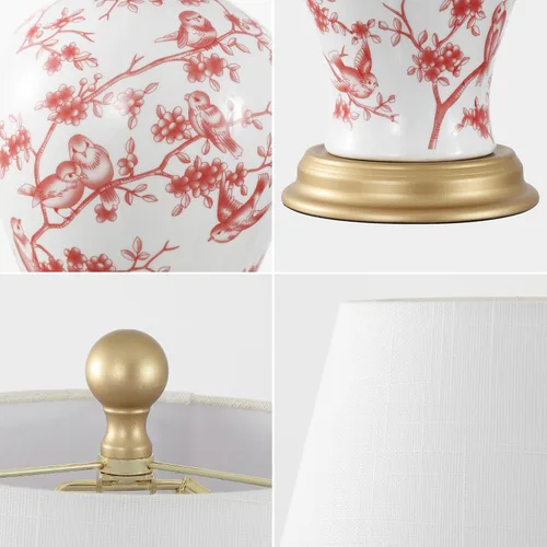 Miniatura 6 de JONATHAN Y JYL3009C Grace 24" lámpara de mesa LED de cerámica/hierro estilo cabaña francesa, floral, estilo campo, blanco/rojo para recámara, sala