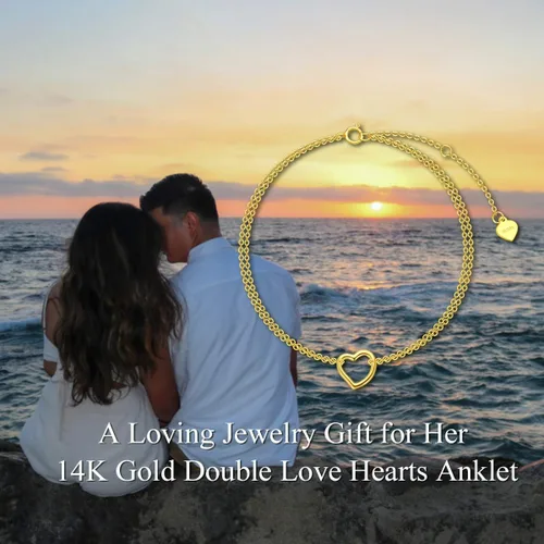Miniatura 5 de SISGEM Pulsera de corazón de oro amarillo de 14 quilates para mujer, pulsera de corazón de doble cadena de oro real, regalo de aniversario