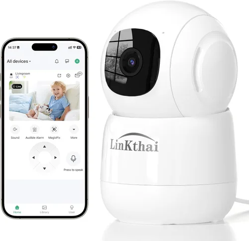 Cámara para interiores, cámaras 2K para seguridad en el hogar con aplicación de detección de movimiento, alarma de seguimiento automático, ubicación