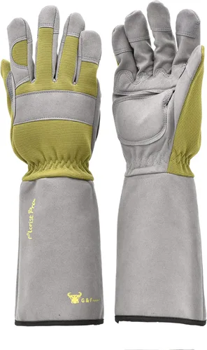 G & F Products Florist Pro - Guantes de jardinería de rosa, palma de cuero sintético, protección contra espinas, manga larga