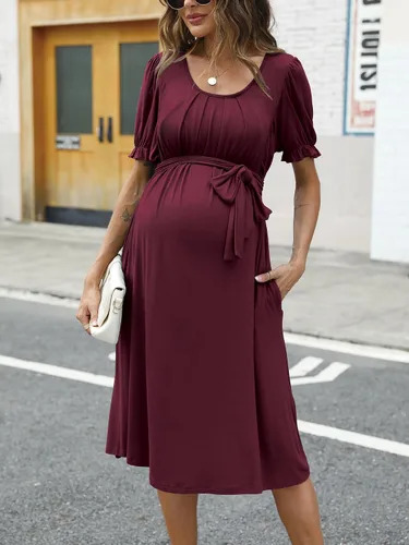 Miniatura 2 de Molliya Vestido de maternidad de manga corta, cuello redondo, casual, elástico, hasta la rodilla, vestidos de embarazo con cinturón