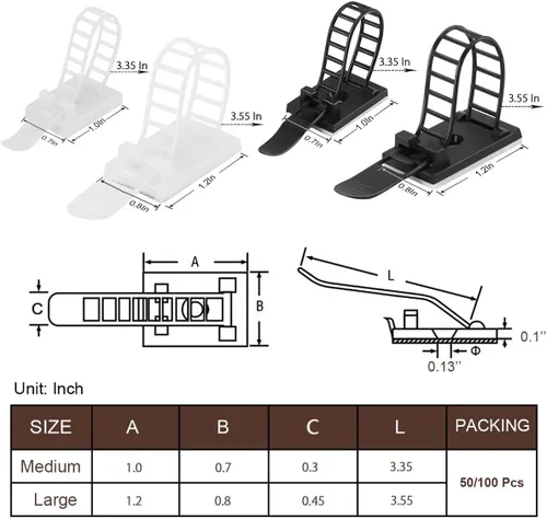 Miniatura 7 de Clips adhesivos para organizar cables, 50 piezas ajustables de nailon para correas de cables, clips de alambre organizador con cinta adhesiva Negro